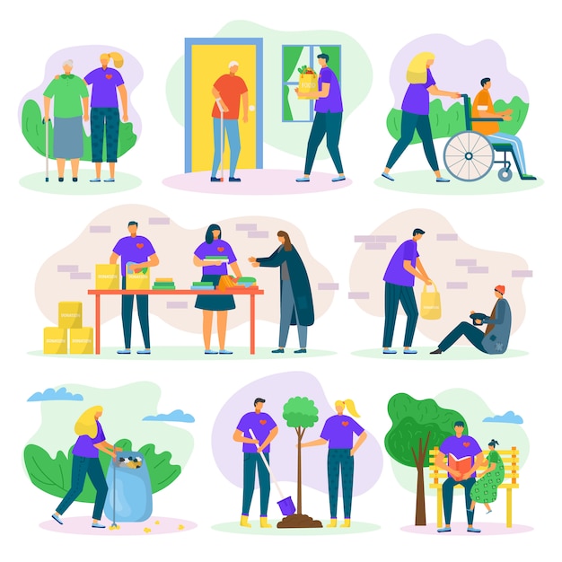 Volunteers help and charity set with people care, helping seniours, invalids and poor, social support illustrations set. volunteering in community, donation and voluntary