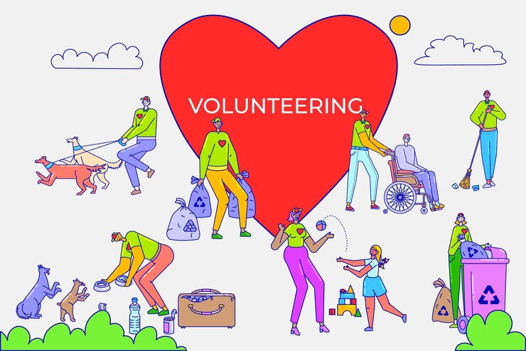 Volunteers help people concept line style voluntary donation design cartoon style vector