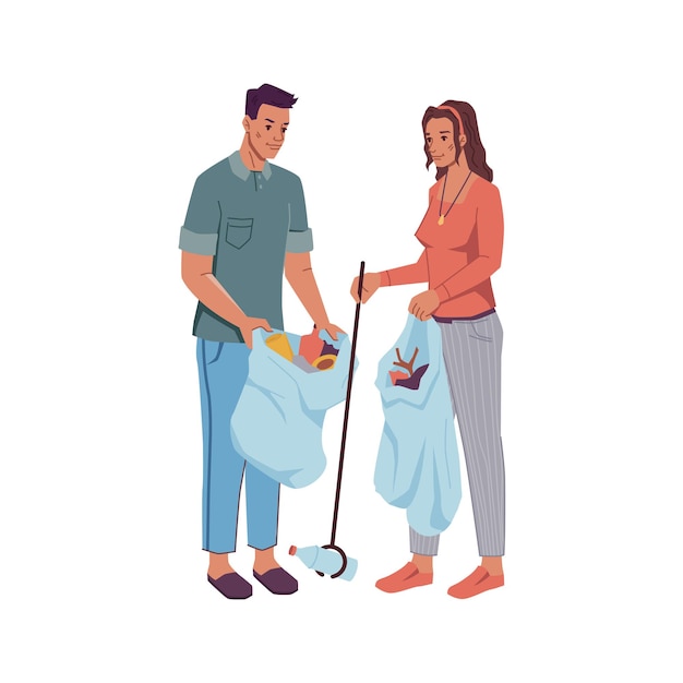 ボランティアの男性と女性がゴミをバッグに拾う