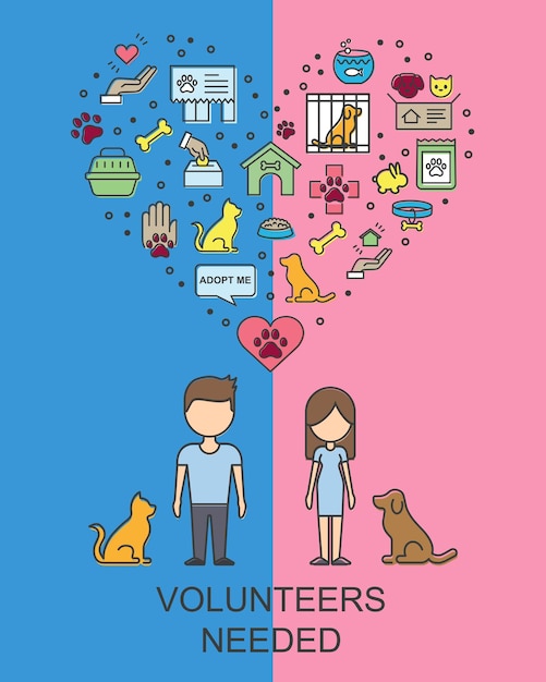 Volunteers needed for animal vector illustration. Animal shelter on isolated background. Adopt a pet sign concept.