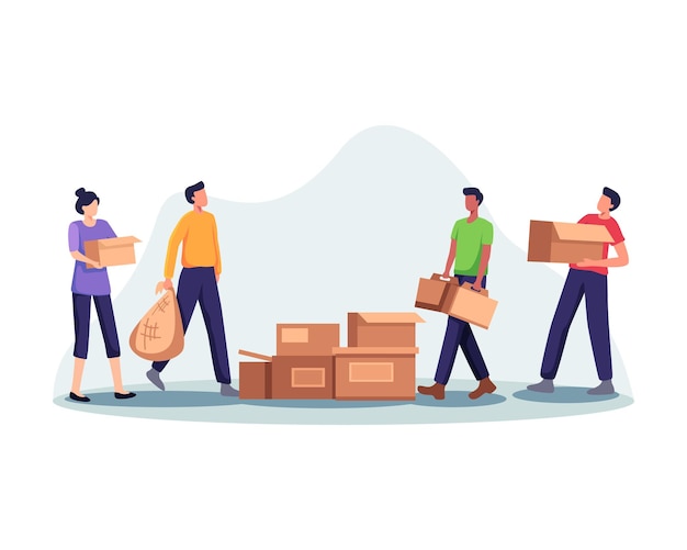 Volunteers packing donation boxes. people collect different things in donation boxes, donation and charity concept. vector illustration for charity, welfare, assistance concept. vector in a flat style