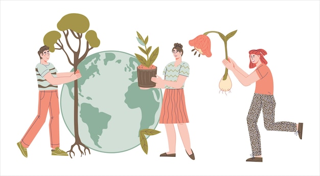 volunteers plant trees to prevent global warming and air pollution flat vector isolated