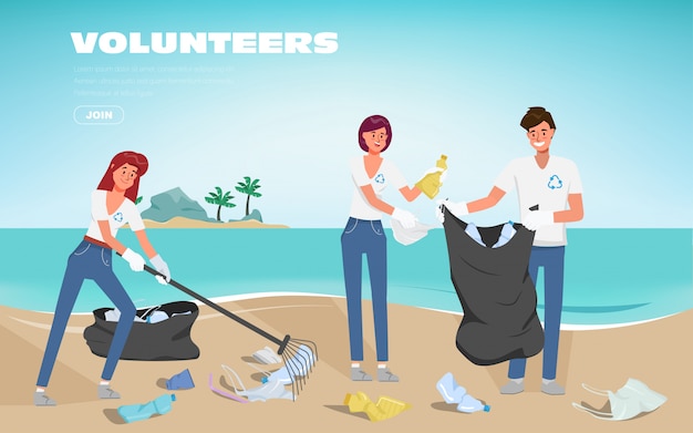 Volunteers save the oceans of plastic pollution. Waste on the beach. Stop plastic poster banner background.