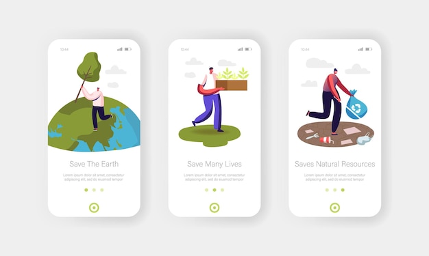 Vector volunteers saving earth nature mobile app page onboard screen template