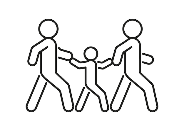 Volwassen voetganger en kinderen lopen escorte houden handlijnpictogram Veilig oversteken en lopen