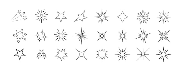 Vonken en sterren. Set van zwarte sterren en sparkles geïsoleerd op een witte achtergrond. Sparkles-symbolen