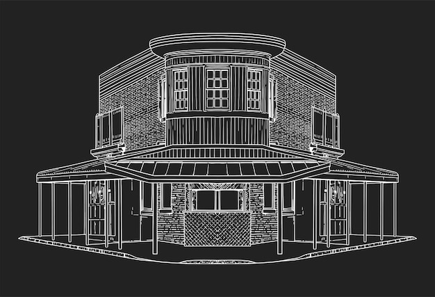 Vooraanzicht van de stadswinkel Vectorillustratie lijntekeningen op zwarte achtergrond