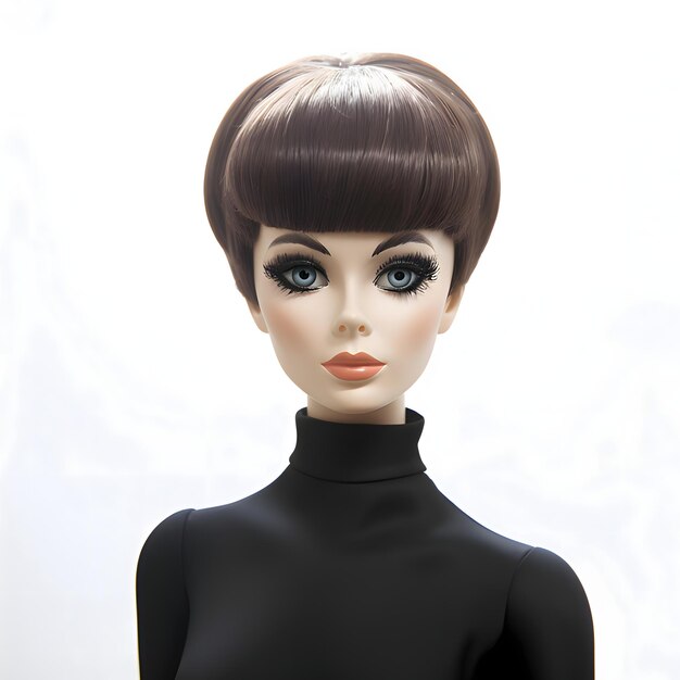 Vector vooraanzicht van een schattige brunette barbie-pop, gekleed in een zwarte outfit, gesteld tegen een witte geïsoleerde achtergrond