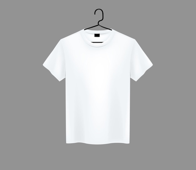 Vector vooraanzicht van witte t-shirt voor heren mockup op metalen hanger en donkere achtergrond t-shirt met korte mouwen op achtergrond