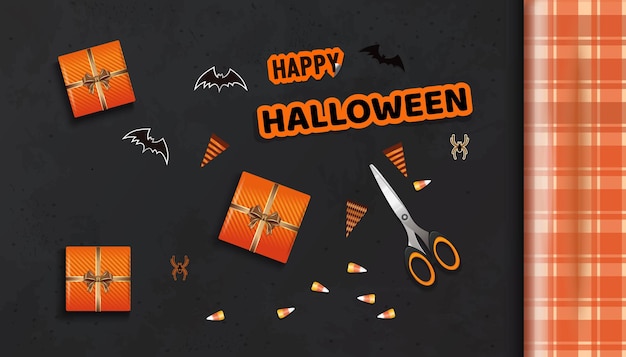 Voorbereiding voor de viering van halloween. fijne halloween. tafel met geschenken voor halloween-weergave van bovenaf. vector illustratie