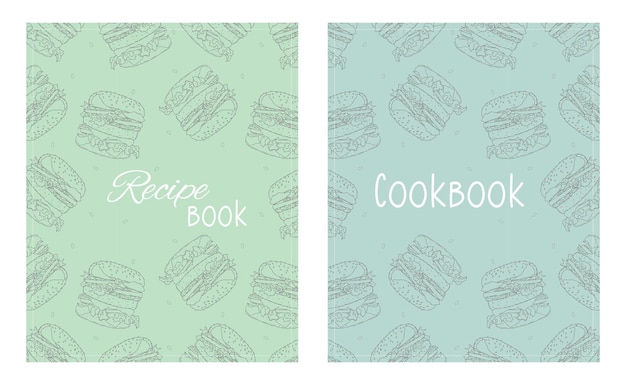 Voorbladsjablonen voor receptenboeken gebaseerd op naadloze patronen met handgetekende hamburgers. Kookboek