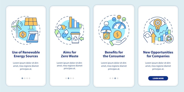 Voordelen van circulaire economie onboarding mobiele app scherm Zero waste walkthrough 4 stappen grafische instructie pagina's met lineaire concepten UI UX GUI sjabloon Myriad ProBold Reguliere lettertypen gebruikt