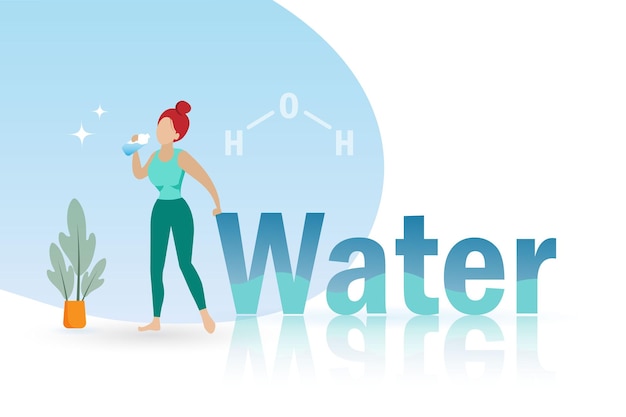 Vector voordelen van drinkwater en h2o moleculaire structuur vrouw drinkt fles water na het sporten
