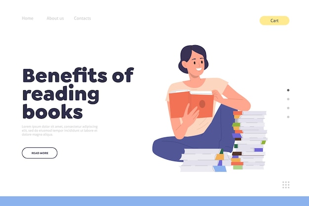 Voordelen van het lezen van boeken voor hersenen en zelfontwikkeling onderwijs online service landing page ontwerpsjabloon website vectorillustratie met gelukkige vrouw karakterlezer en leerboekstapel