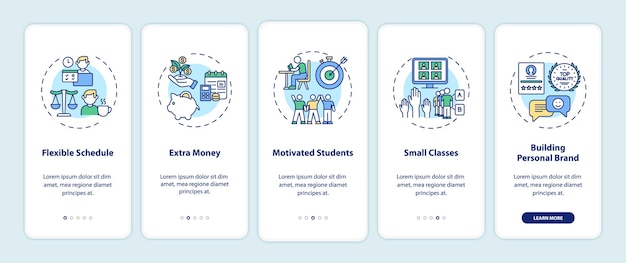 Voordelen van online bijles onboarding mobiele app-paginascherm met concepten. flexibele stappen voor het plannen van stappen. ui-sjabloon met rgb-kleur