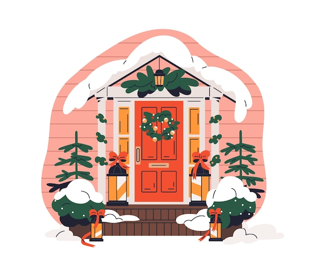 Voordeur met kerstversieringen Huisingang versierd met kerstkranslantaarns op de veranda feestelijke ornamenten en sneeuw op de wintervakantie Vlakke vectorillustratie geïsoleerd op witte achtergrond