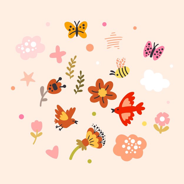 Vector voorjaars bloemen en vogels vector illustratie