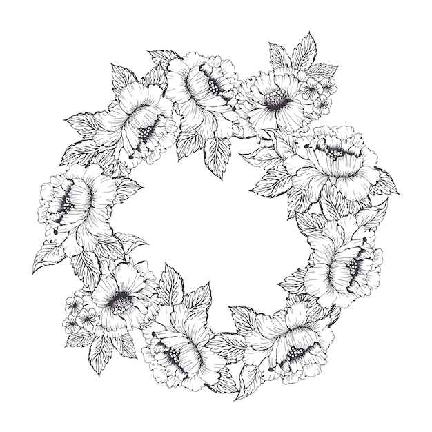 Voorjaars bloemenkringkrans met hortensia en pioenbloem Lijnkunst kleine bloem met bladeren voor kaart of uitnodiging kleurpagina