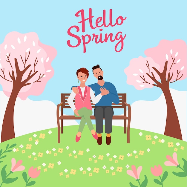 Voorjaars natuurgroetenkaart sjabloon Bloeiend park en echtpaar op bank bomen in bloei