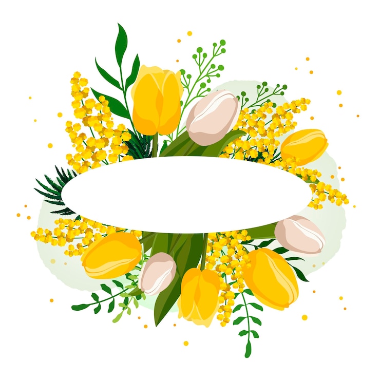 Vector voorjaars ovaal frame met gele tulp en mimosa voor tekst vector sjabloon met bloemen voor ontwerp