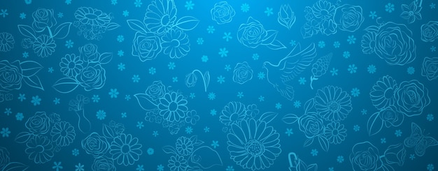 Voorjaarsachtergrond in blauwe kleuren gemaakt van verschillende bloemen, vogels en vlinders