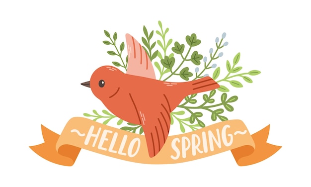 Voorjaarslabel met seizoenscitaten, vogel, lint. Hand getrokken lente vectorillustratie.
