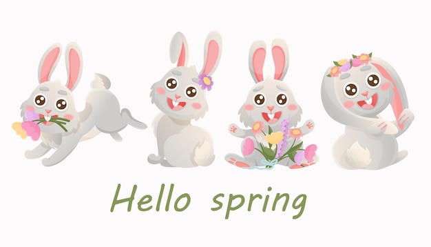 Vector voorjaarswenskaart met schattige konijntjesbloemen vector konijn-tekenset dierlijke dieren in het wild vakanties cartoon