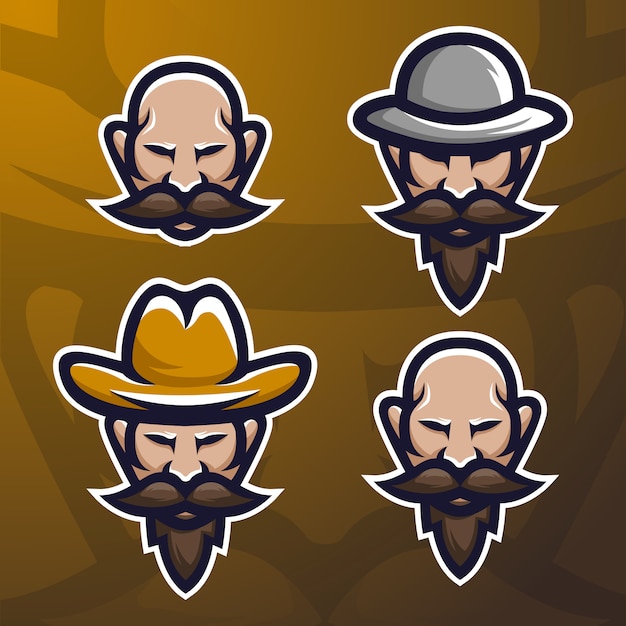 Voorraad vector oude baard man mascotte logo set.