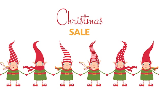 Voorraad vectorillustratie met kerst verkoop banner. Schattige elfjes nodigen je uit om cadeaus te kopen voor Kerstmis en Nieuwjaar. Sjabloon voor reclamebanner, poster, websitescherm.