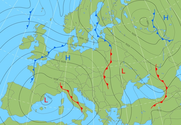 Vector voorspelling weer isobar kaart of diagram van europa