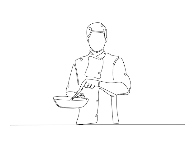 Voortdurende één lijn tekening van chef-kok koken met pan