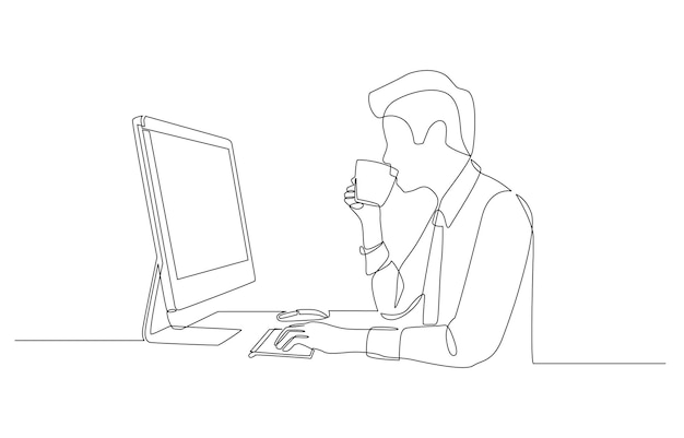 Voortdurende één lijn tekening van een zakenman die koffie drinkt en naar zijn werk kijkt op het pc-scherm