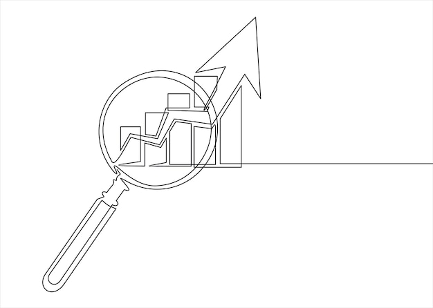 Vector voortdurende één lijn tekening van toenemende pijlen staafgrafiek en vergrootglas