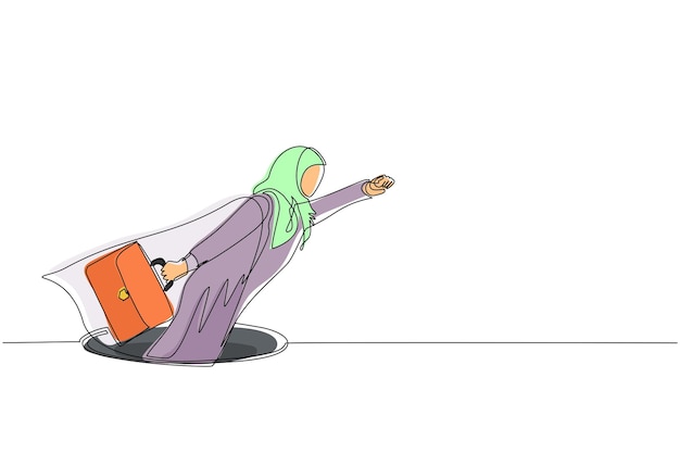 Voortdurende één lijn tekening vliegende Arabische zakenvrouw met vleugel en koffer die uit gaten komt