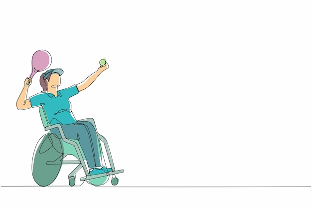 Voortdurende één lijn tekening vrouwelijke atleet met een handicap die tennis speelt in een rolstoel