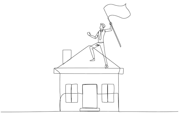 Vector voortdurende eenlijnte tekening van een zakenman die op een miniatuurhuis staat en een vlag heft