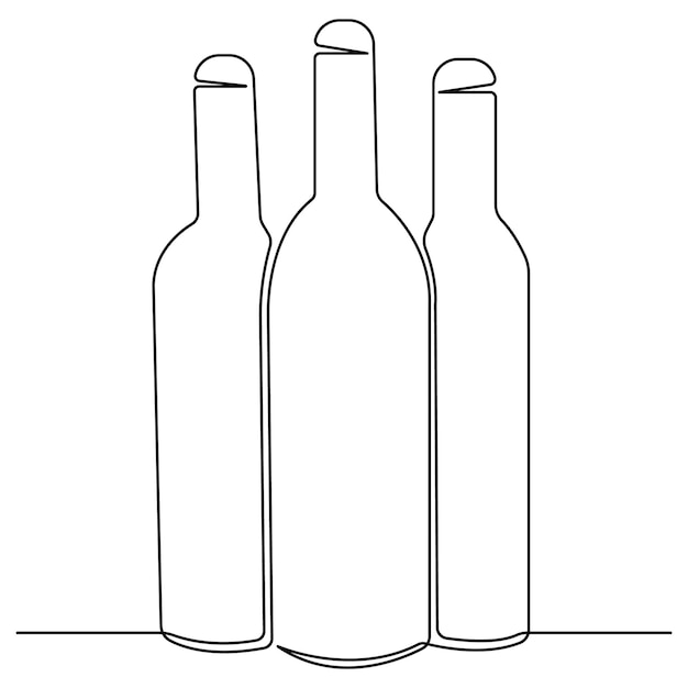 Vector voortdurende enkele lijn kunst tekening van wijn fles alcohol drank in doodle stijl contour vector