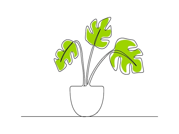 Voortdurende enkele lijn tekening van huisplant in een pot boom vector illustratie vrije vector