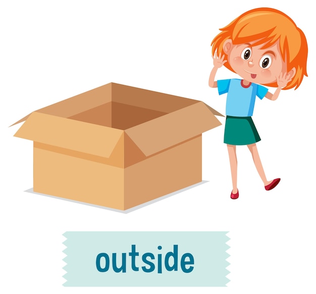 Vector voorzetsel van plaats met tekenfilmmeisje en een doos