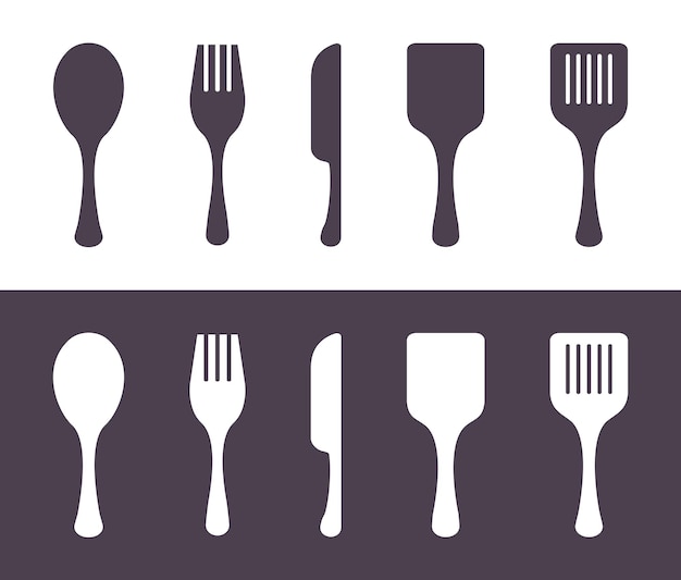 Vork Lepel Mes Keuken Bestek Gebruiksvoorwerpen Silhouet Vector Icon Set