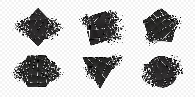 Vorm explosie gebroken en verbrijzelde vlakke stijlenset vector illustratie ontwerpset