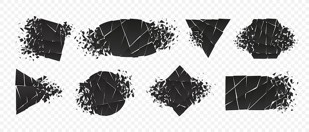 Vorm explosie gebroken en verbrijzelde vlakke stijlenset vector illustratie ontwerpset