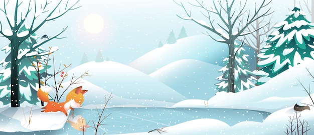Vos in winterlandschap op zoek naar reflectie op het bevroren meer Kerstvakantie bos scène achtergrond of wenskaart Aquarel stijl vector dier in de winter natuur Kerst illustratie