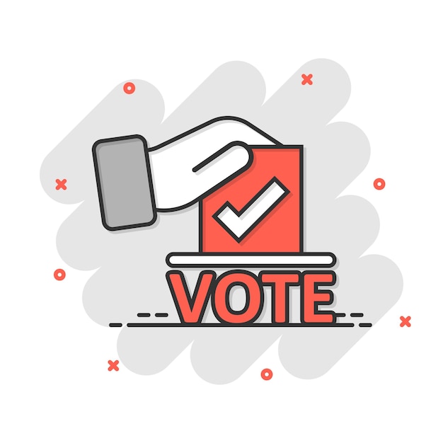 Vote icon in comic style ballot box cartoon vector illustration on white isolated background election splash effect business concept