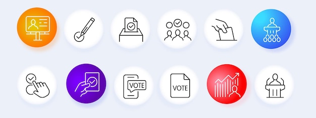 Set di icone di voto elezioni firma discorso pubblico discorso vittoria dibattito voti votanti concetto di voto stile neomorfismo icona linea vettoriale icona per il business