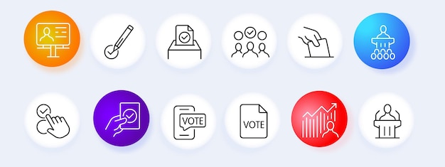 投票アイコン セット 選挙署名人前で話すスピーチ勝利討論 evoting 評価 投票コンセプト ネオモーフィズム スタイル ビジネスのベクトル線アイコン アイコン
