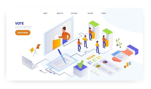 Голосование целевой страницы дизайн веб-сайта баннер вектор шаблон избиратели выбирают кандидата в день выборов голосование