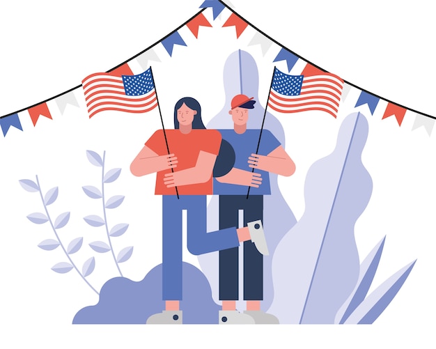 Избиратели пара с флагами сша день выборов дизайн векторной иллюстрации