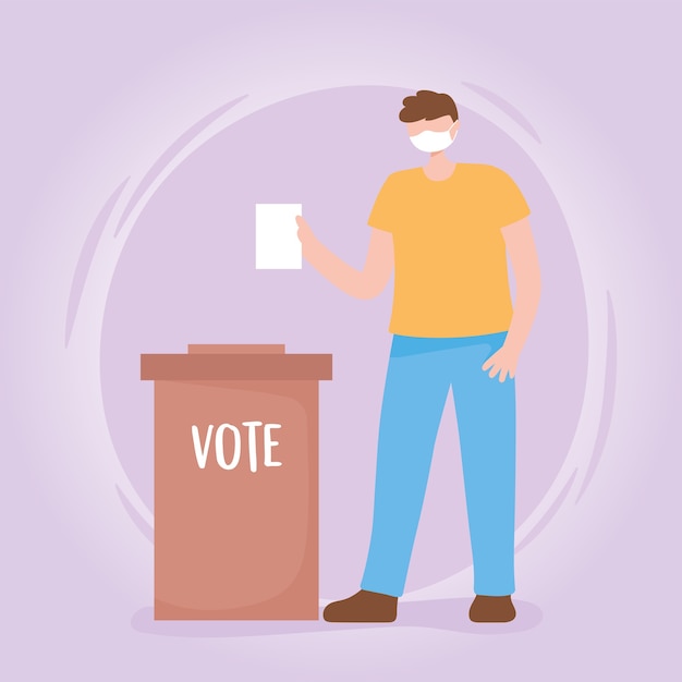Голосование и выборы, парень с бюллетенем в медицинской маске и ящик