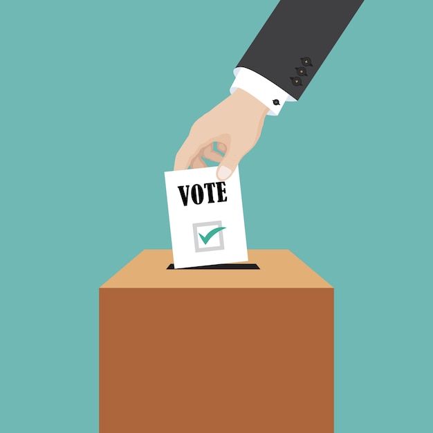 Voting concept, businessman hand putting voting paper in the box, illustration in flat style